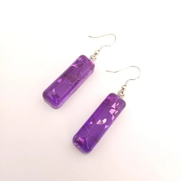 Purple chunky glitter bar dangle earrings with silver hooks new handmade Resin - Picture 6 of 6